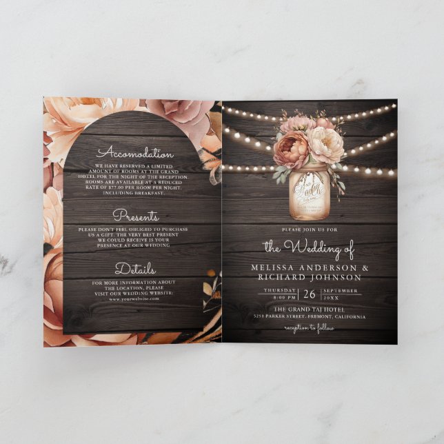 Invitation Terracotta Floral Mason Jar Wood QR Code Wedding (Intérieur)