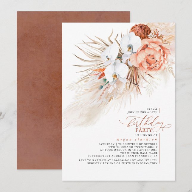 Invitation Terracotta Floral Pampas Grass fête d'anniversaire (Devant / Derrière)