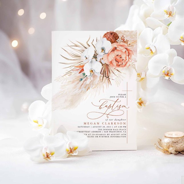 Invitation Terracotta Floral Pampas Grass Moderne Baptême (Boho Terracotta Baptism Invitations)