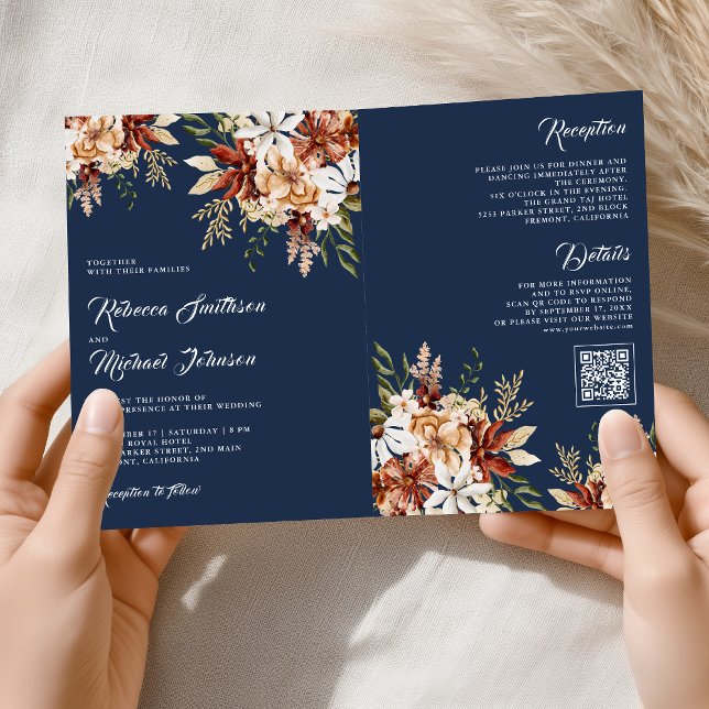 Invitation Terracotta Floral Wildflower Navy Blue Wedding (Créateur téléchargé)