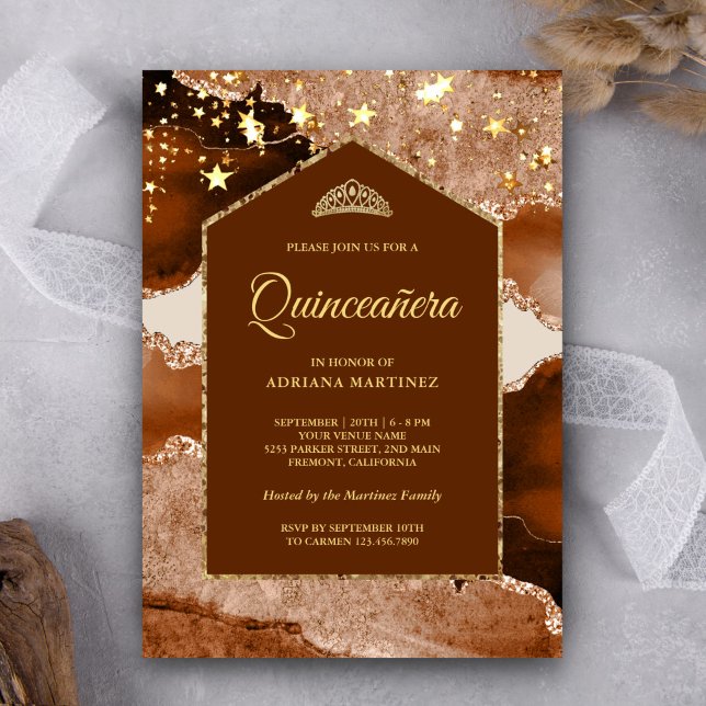 Invitation Terracotta Gold Agate Marbre Arche Quinceanera (Créateur téléchargé)