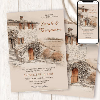 Invitation Terracotta Italian Villa Sketch Wedding