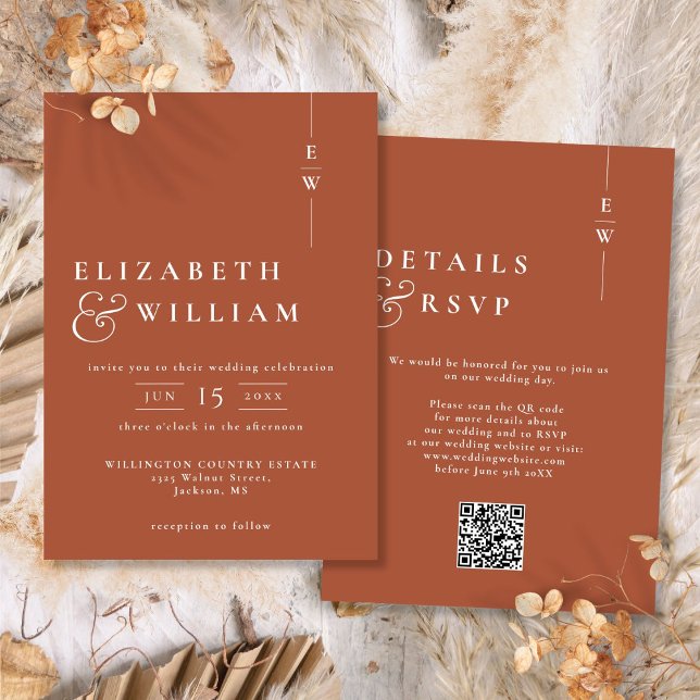 Invitation Terracotta Moderne Monogramme Mariage QR Code (Terracotta Modern Monogram Wedding QR Code Invitation)