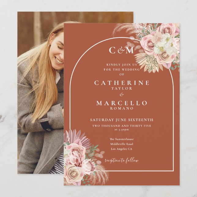 Invitation Terracotta Monugram Pampas Mariage photo en herbe (Devant / Derrière)