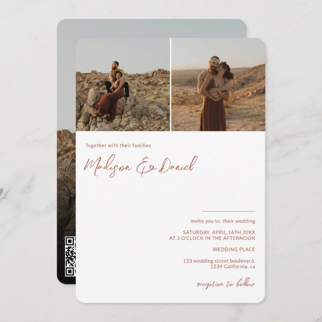 Invitation Terracotta nom de script 3 photos code qr mariage (Devant / Derrière)