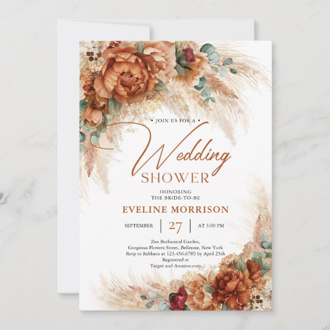Invitation Terracotta orange brûlé pampas palm wedding shower (Devant)