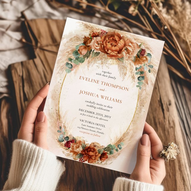 Invitation Terracotta orange brûlée et feuillage vert boho (DIGITAL Terracotta burnt orange flowers pampas grass dried palm and eucalyptus wedding invite)