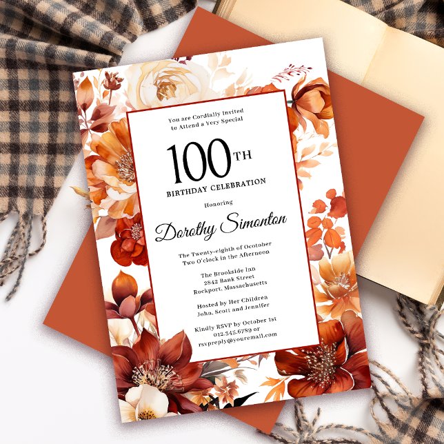 Invitation Terracotta Orange Fall Flowers 100e anniversaire (Need a matching Welcome Sign? Message me!)