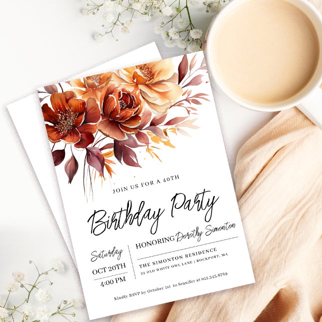Invitation Terracotta Orange Fall Flowers 40e anniversaire (Need a matching Welcome Sign? Message me!)