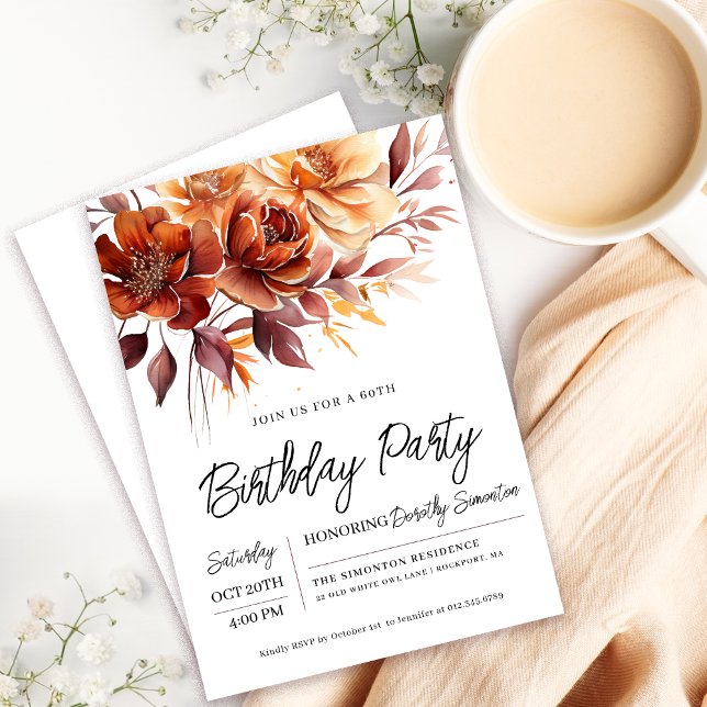 Invitation Terracotta Orange Fall Flowers 60e anniversaire (Need a matching fall flowers Welcome Sign? Message me!)