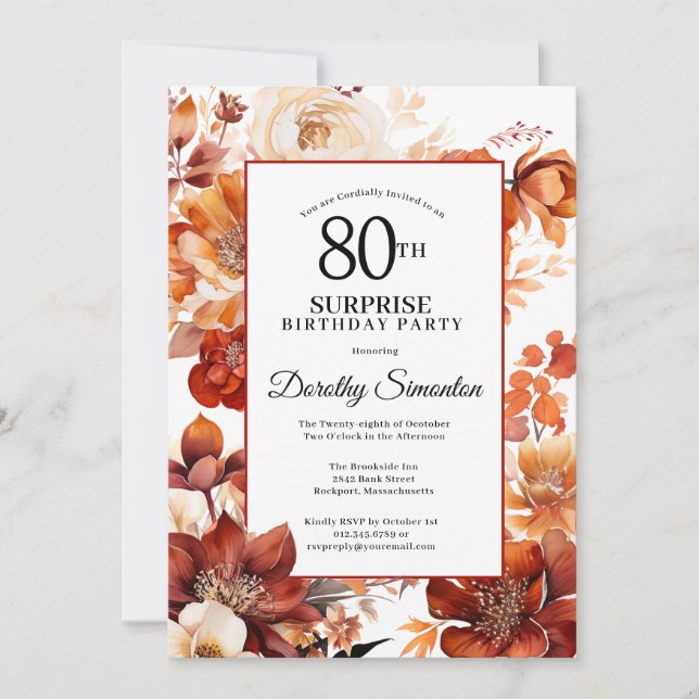 Invitation Terracotta Orange Fall Flowers 80e anniversaire (Devant)