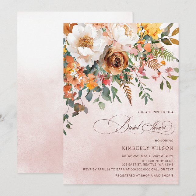 Invitation Terracotta Orange Floral Fall Bridal Shower (Devant / Derrière)