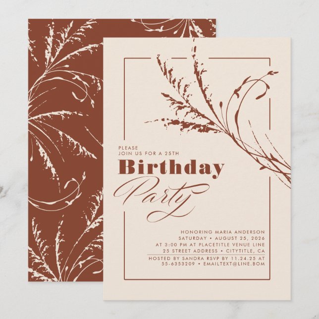 Invitation Terracotta Pampas Grass moderne fête d'anniversair (Devant / Derrière)