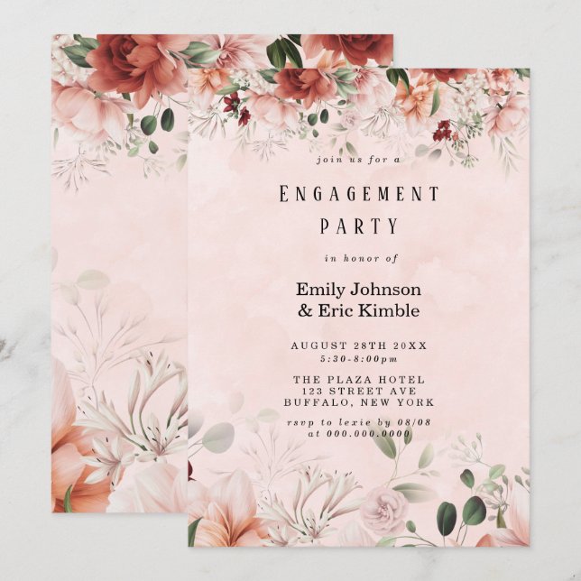 Invitation Terracotta Printemps Automne Floral Engagement Par (Devant / Derrière)