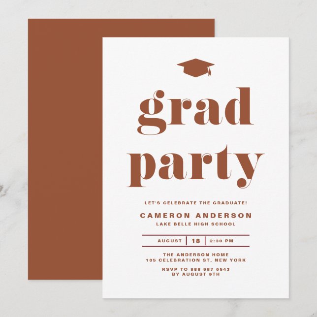 Invitation Terracotta Retro Bold Typographie Graduation Party (Devant / Derrière)