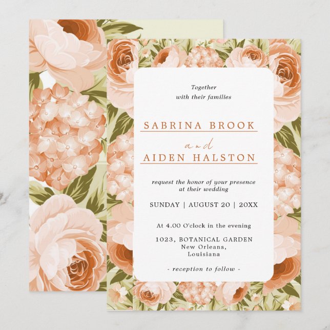 Invitation Terracotta Rose florissant Hydrangea Mariage Flora (Devant / Derrière)