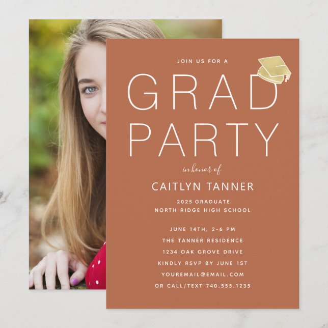 Invitation Terracotta Rust Moderne Photo Graduation Party (Devant / Derrière)