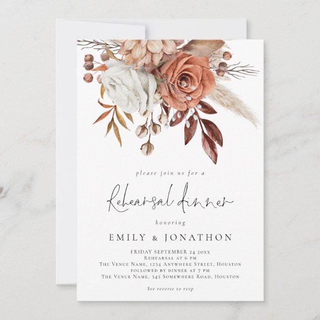 Invitation Terracotta Rustic Florals QR Code Rehearsal Dinner (Devant)