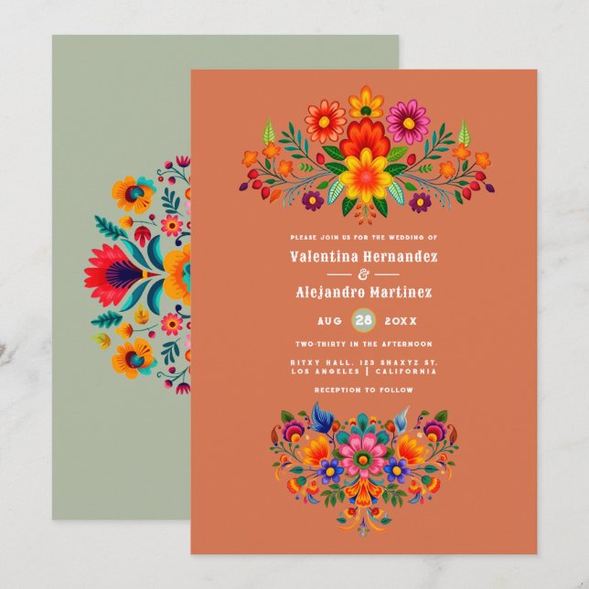 Invitation Terracotta & Sage Mexican Folk Art Fiesta Wedding (Devant / Derrière)
