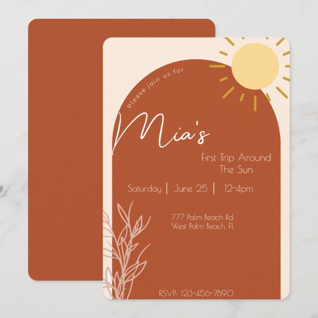 Invitation Terracotta Script 1er voyage autour du soleil Anni (Devant / Derrière)