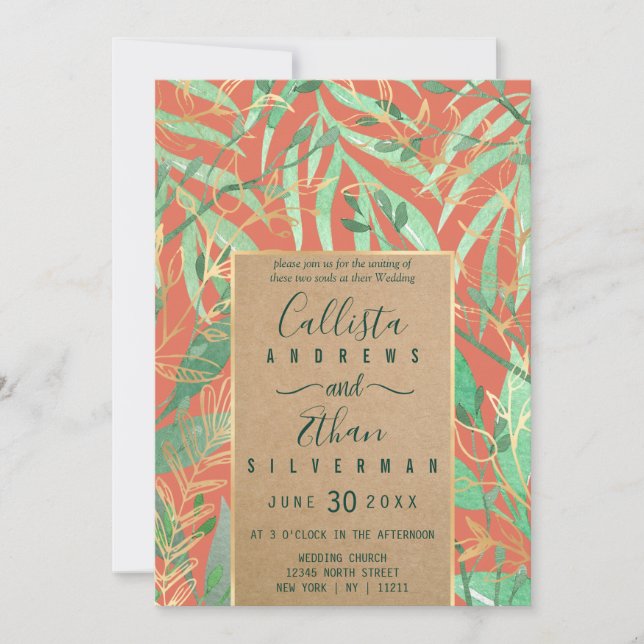 Invitation Terracotta Vert Aquarelle Feuilles Kraft Mariage (Devant)