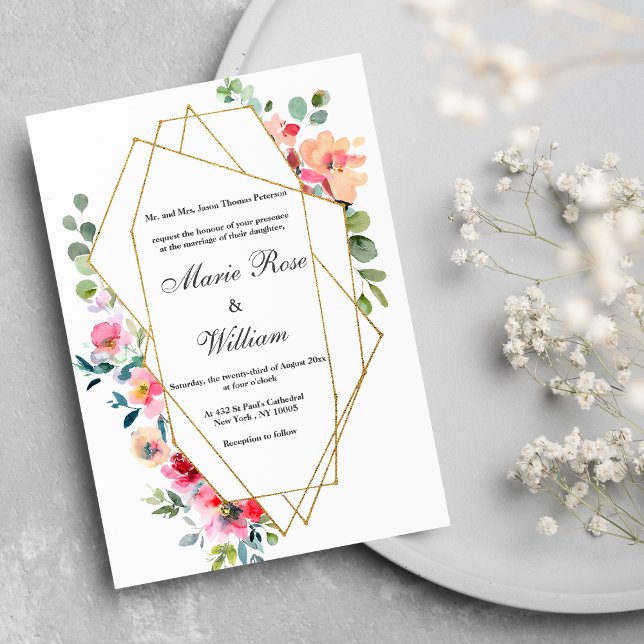 Invitation Terrarium doré blanc menthe rose Mariage floral (Pink lavender coral green floral theme wedding)