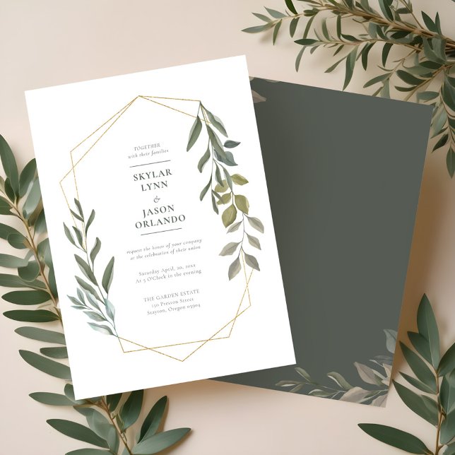 Invitation Terrarium géométrique minimal à feuilles et or (Minimal Leaf Greenery & Gold Geometric Terrarium Invitation)