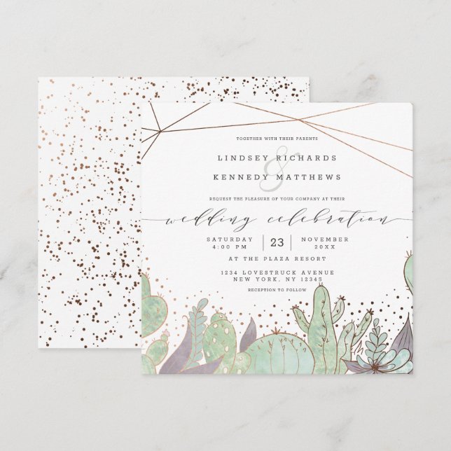 Invitation Terrarium Succulents Carré Mariage géométrique (Devant / Derrière)