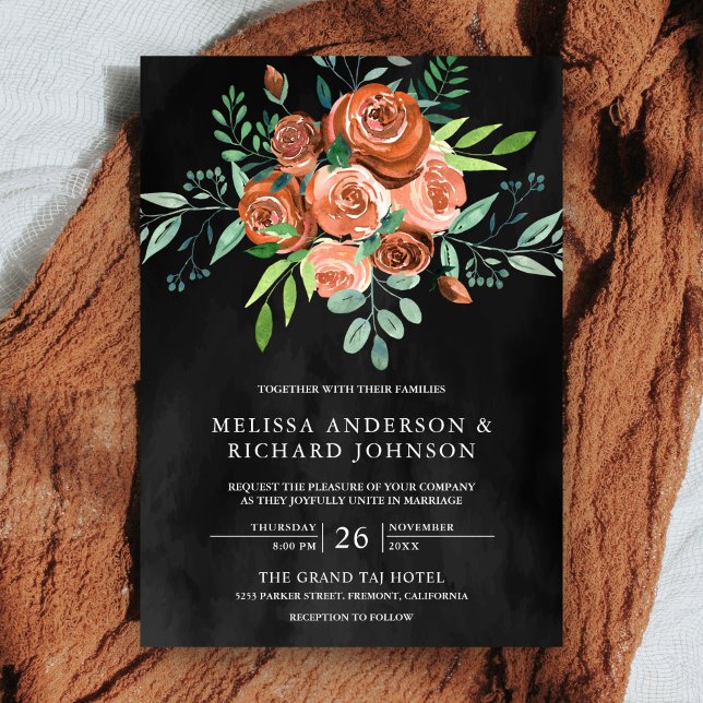 Invitation Terre brûlé Orange Roses Floral gris foncé Mariage (Créateur téléchargé)