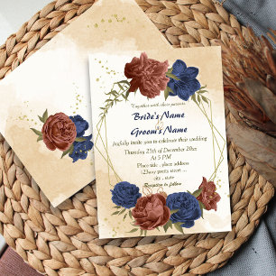 Invitation terre cuite bleu marine floral mariage géométrique