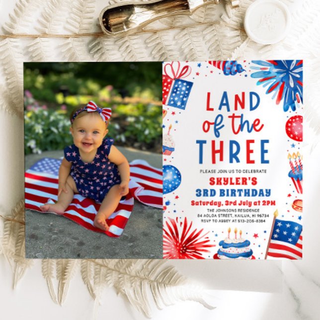 Invitation Terre du Trois 4 Juillet Patriotique 3ème Annivers (Watercolor Fireworks Patriotic 4th of July Land of the Three 3rd Birthday Invitation)