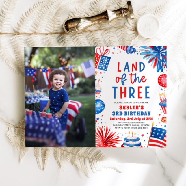 Invitation Terre du Trois 4 Juillet Patriotique 3ème Annivers (Watercolor Fireworks Patriotic 4th of July Land of the Three 3rd Birthday Invitation)