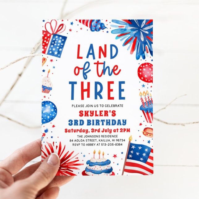 Invitation Terre du Trois 4 Juillet Patriotique 3ème Annivers (Watercolor Fireworks Patriotic 4th of July Land of the Three 3rd Birthday Invitation)