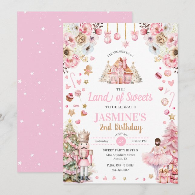 Invitation Terre rose de sucreries Sugar Plum Fairy Nutcracke (Devant / Derrière)