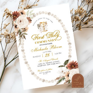 Invitation Terre Tone Floral Pearl Première Communion sainte
