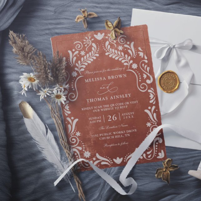 Invitation Terrocotta Papel Picado Budget QR Code Wedding (Créateur téléchargé)