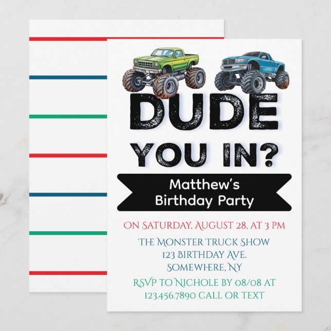 Invitation T'Es Entré ? Black Text Camion garçon fête d'anniv (Devant / Derrière)