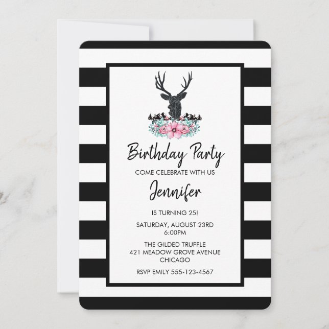Invitation Tête de cerf noir avec Bouquet de fleurs roses Ann (Devant)