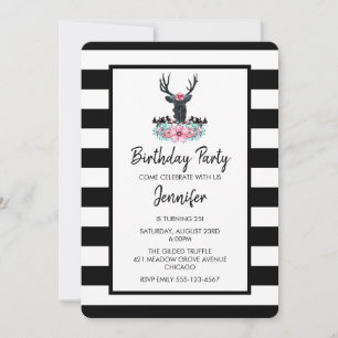Invitation Tête de cerf noir avec Bouquet de fleurs roses Ann