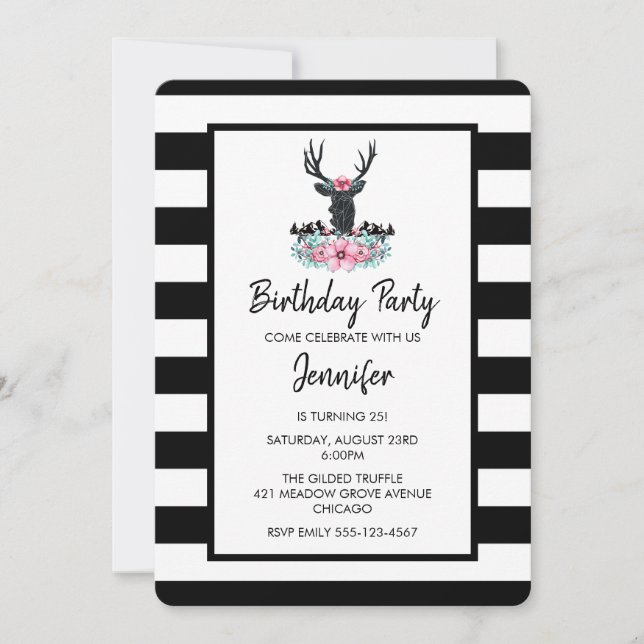 Invitation Tête de cerf noir avec Bouquet de fleurs roses Ann (Devant)