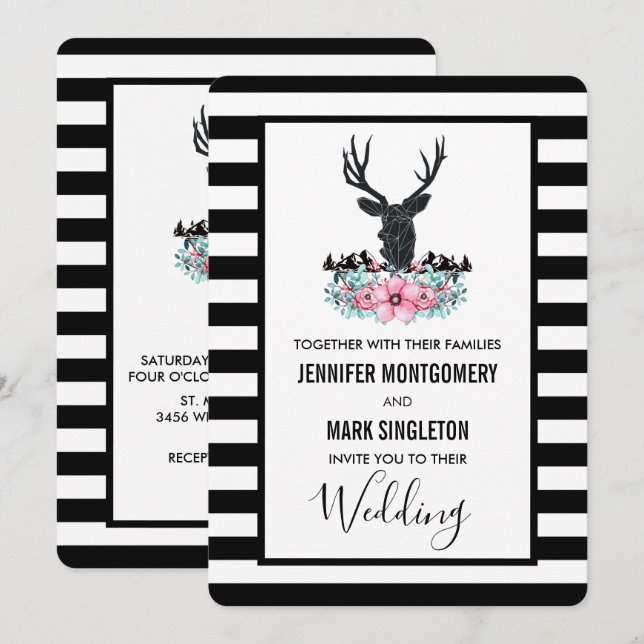 Invitation Tête de cerf noir avec Fleurs roses et Mariage de  (Devant / Derrière)