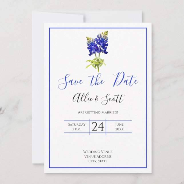 Invitation Texas Bluebonnet Flowers, Mariage moderne date de  (Devant)