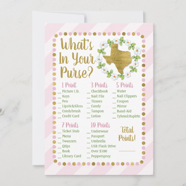 Invitation Texas Pink Gold What's In Your Purse Shower Game (Devant)
