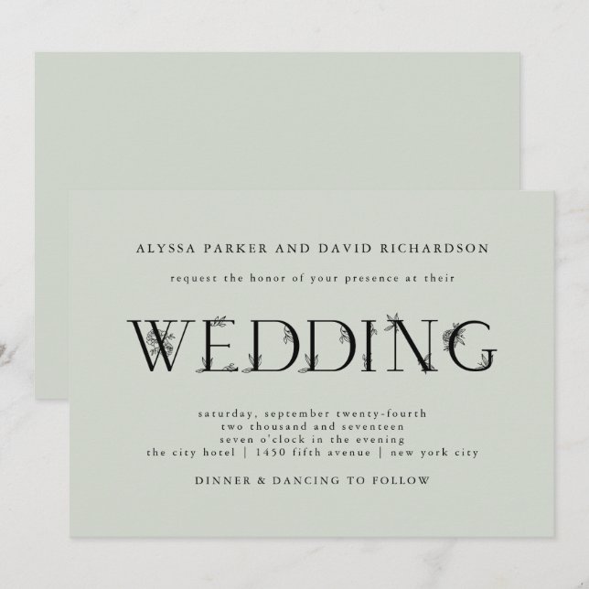 Invitation Texte botanique| Sage Green Mariage (Devant / Derrière)