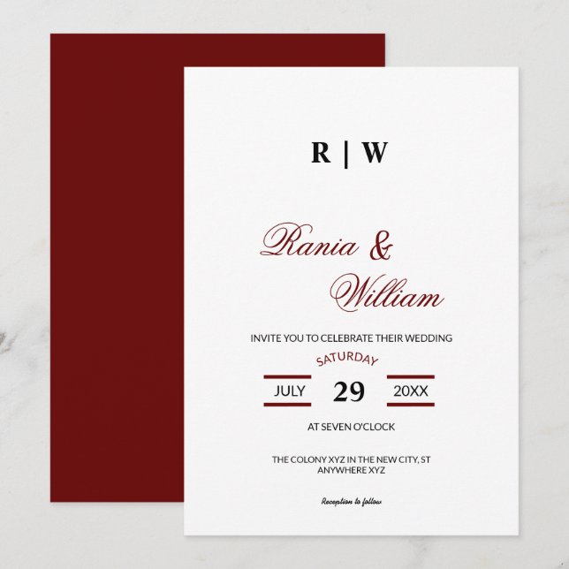 Invitation Texte calligraphique traditionnel en Bourgogne Red (Devant / Derrière)