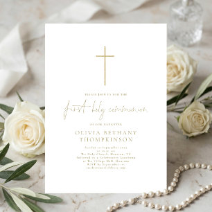 Invitation Texte doré élégant Croix Première Sainte Communion