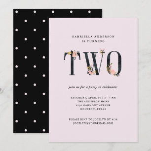 Invitation Texte floral noir sur rose   Fête du deuxième anni