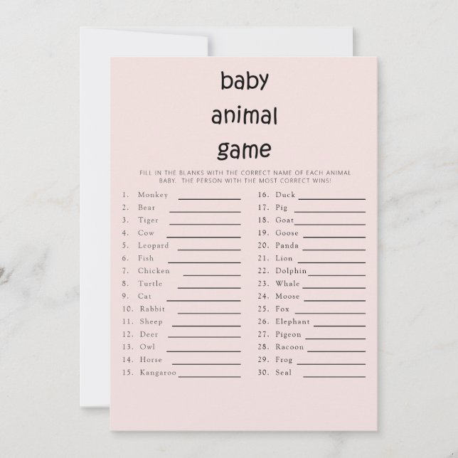 Invitation Texte mignon Baby shower bébé animal jeu rose (Devant)