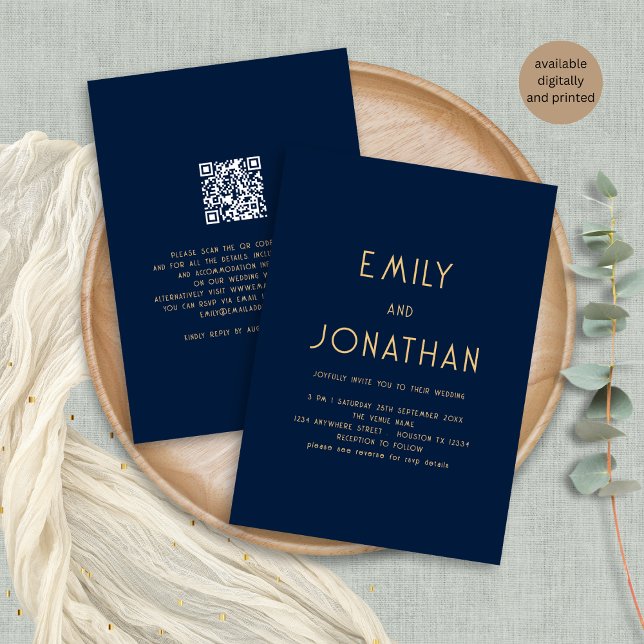 Invitation Texte minimaliste Code QR Gold Mariage Marine (Front and back view)