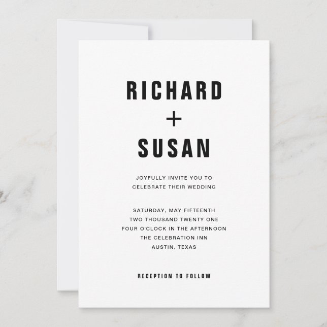 Invitation Texte moderne simple | Mariage noir et blanc (Devant)